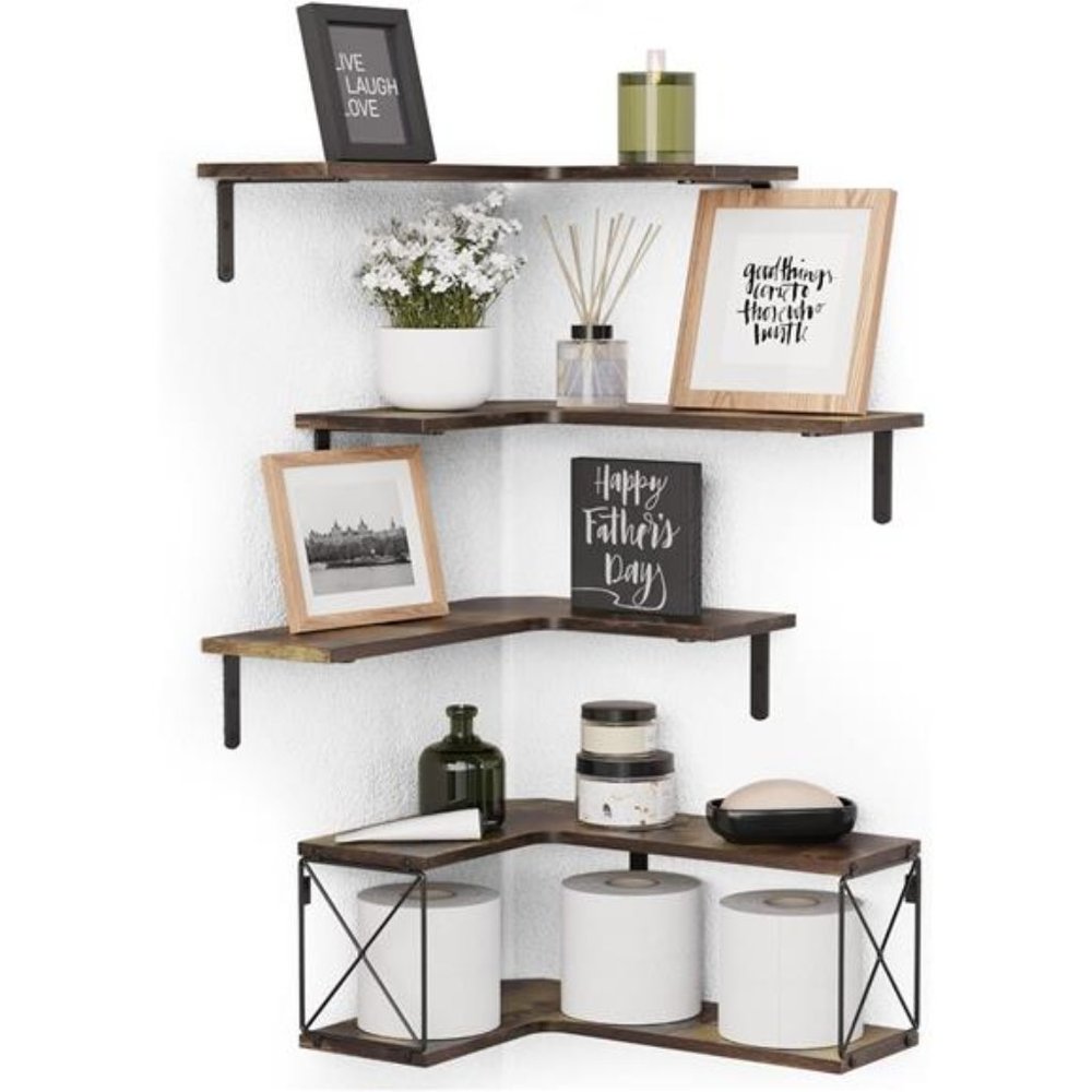 5-Tier Corner Floating Shelves Set of 5, Corner Shelves L-Shaped - Rustic Brown